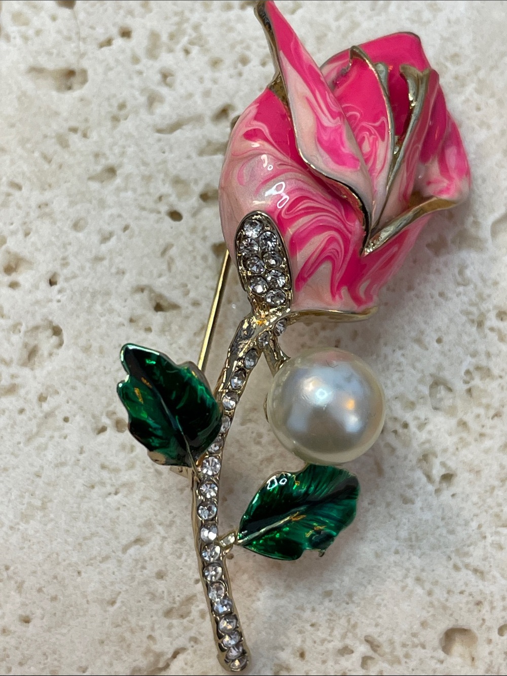 Pink Rose Brooch with Green Leaves, Pearl & Crystal Accents